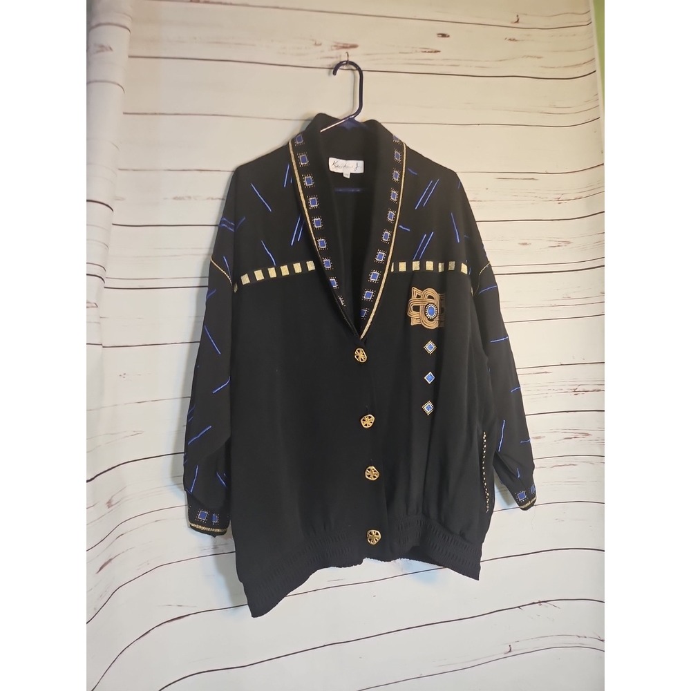 Vintage Kristin J Black Gold Blue Graphic Embroidered Button Up Jacket Mens M